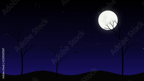Spooky Halloween Night Panorama Animation with Full Moon Bats Flying and Silhouetted Bare Trees in Dark Blue Midnight Sky
