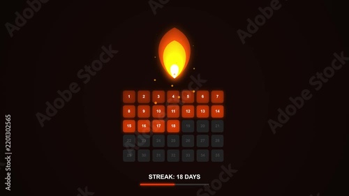 Daily Streak Habit Tracker Calendar Animation with Glowing Flame Icon Showing Progressive Goal Achievement and Productivity Motivation
