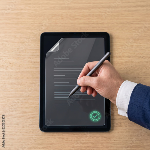 Hand Signing Tablet with Stylus, Emerald Checkmark Hologram Document Seal, Electronic Signature Business Workflow Concept