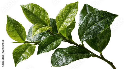 Fresh green tea leaves on a branch with water droplets