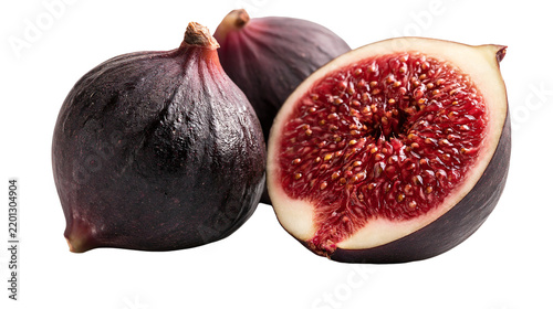 Fresh whole and halved purple figs with red seeded pulp