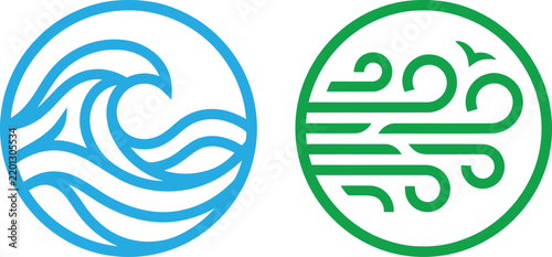 Set of round icons showing blue ocean wave and green wind breeze symbols for nature design projects