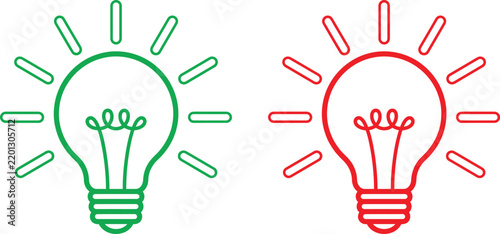 Set of two glowing light bulb icons in green and red outline style