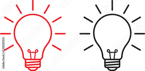 Two light bulb outline icons in red and black colors for creative business ideas and innovation