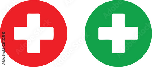 Red and green circular plus sign icons isolated on a white background