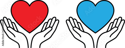 Two hands holding red and blue heart shapes as symbols of love and care