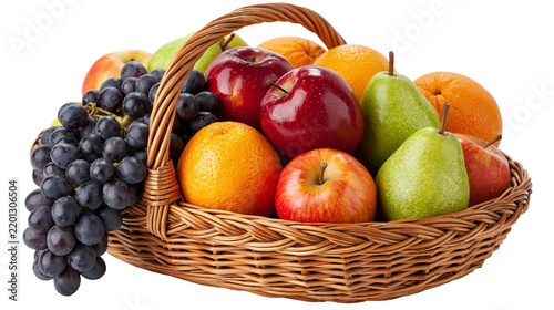 Woven wicker basket filled with fresh red apples green pears, oranges and grapes
