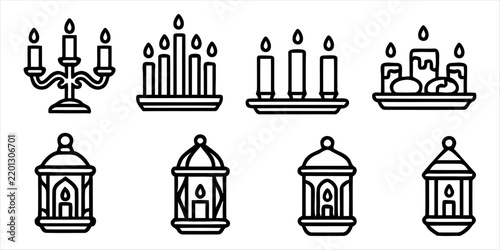 Hanukkah Candelabra and Decorative Lantern Line Art Icon Set Vector
