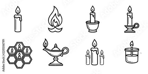 Hanukkah Candle Lights and Oil Lamp Line Art Icon Set Vector