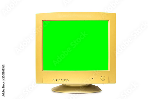 Vintage computer monitor empty blank with green screen monitor isolated on white background. Old monitor, mockup