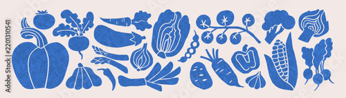 Vegetable silhouettes, farm food icons. Isolated vegetable illustrations, linocut texture food stamps, blue prints. Harvest, abstract shapes, carrot, pumpkin, beet icons. Vector illustrations