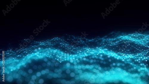 Music color wave of particles and lines. Big data visualization. Abstract blue background with a dynamic wave. 3d rendering.