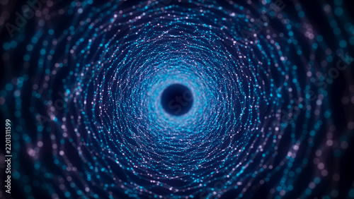 Abstract 3d portal. Tunnel or wormhole. Digital blue background with connected blue dots. 3d rendering.