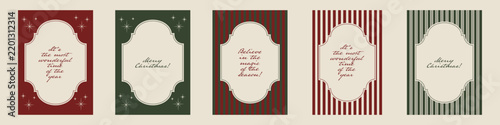 Collection of five vintage Christmas cards with ornate cream frames, handwritten festive messages, stars and striped patterns in red and green