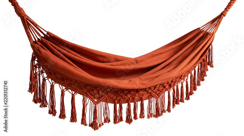 Fotografía Terracotta orange fabric hammock with decorative macrame fringe and tassels
