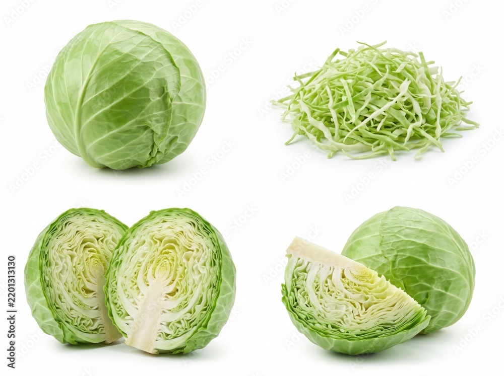 Fototapeta premium A collection of fresh green cabbage showing a whole head shredded pieces and sliced halves isolated on white
