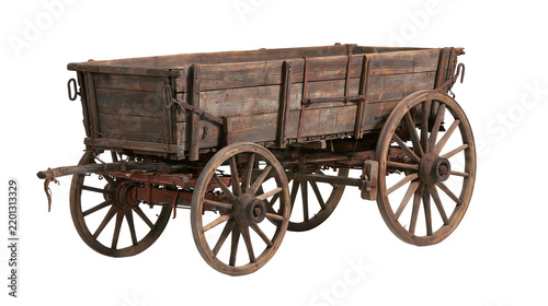 Rustic weathered wooden farm wagon with large spoked wheels and metal hardware