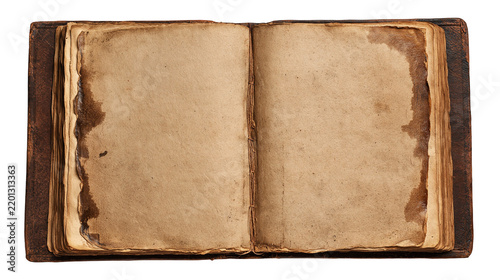 Konstfotografi Open antique book with weathered stained parchment pages and dark leather cover