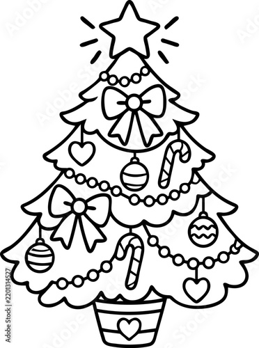Christmas Tree Coloring Page with Candy Canes and Ornaments