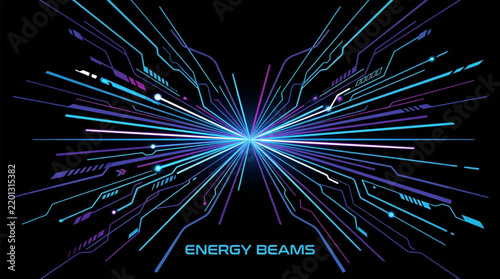 Abstract energy beams exploding from center point with futuristic digital lines for technology and gaming marketing visuals now.