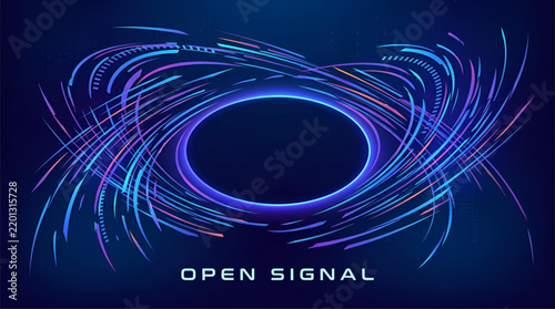 Open signal graphic features glowing blue and purple swirling light arcs for modern digital communication technology branding.