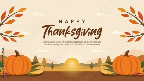 Happy Thanksgiving celebration features pumpkin and corn with autumn leaves in a warm landscape