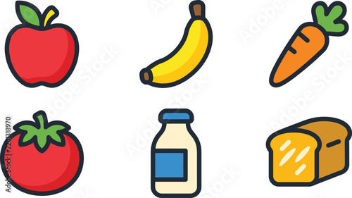 Colorful flat vector food icons featuring fresh produce and dairy products
