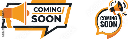 Coming soon promotional banners with orange megaphones and black typography