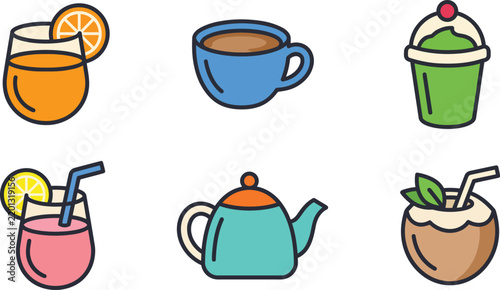 colorful beverage icons featuring coffee tea and cold drinks