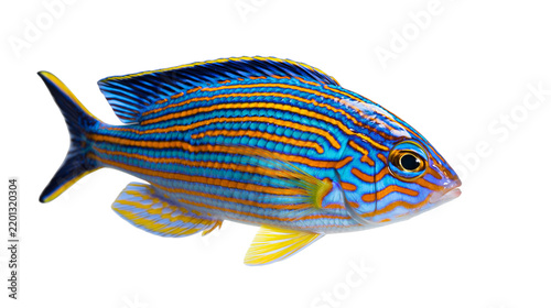 Canvastavla Vibrant blue and orange striped tropical fish with yellow fins