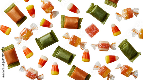 Assorted colorful wrapped candies and triangular candy corn pieces