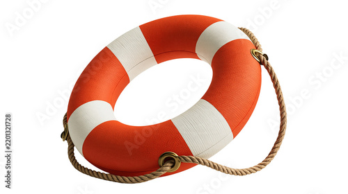 Obraz na płótnie Orange and white striped lifebuoy ring with attached brown rope