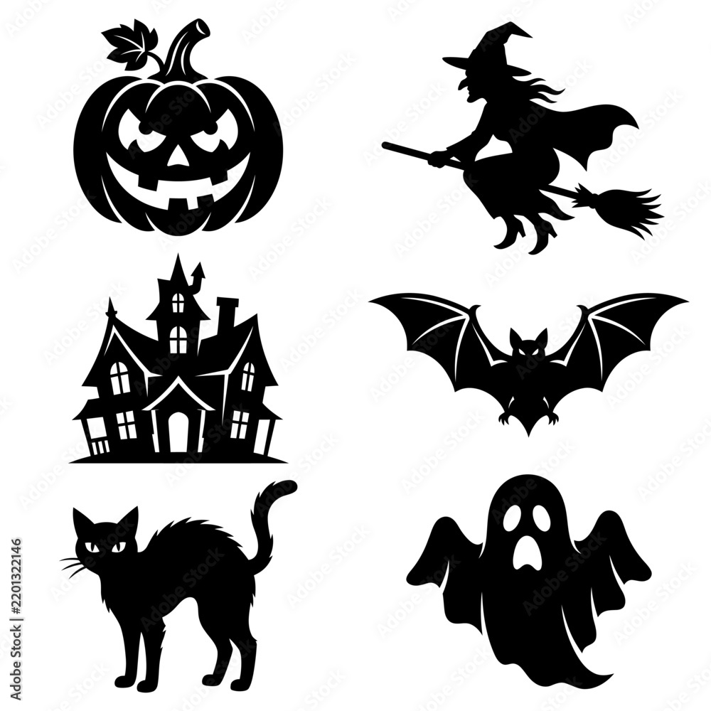 Fototapeta premium Halloween vector set with spooky silhouettes of witch, Editable EPS