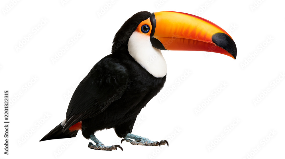 Obraz premium Toco toucan with vibrant orange beak and black plumage standing in profile