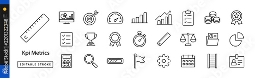 Kpi Metrics Lines. Line icon set of key performance indicators: dashboard screen, target board, speed gauge, bar chart, line graph, clipboard, checklist, trophy, medal, stopwatch, ruler, scale editabl