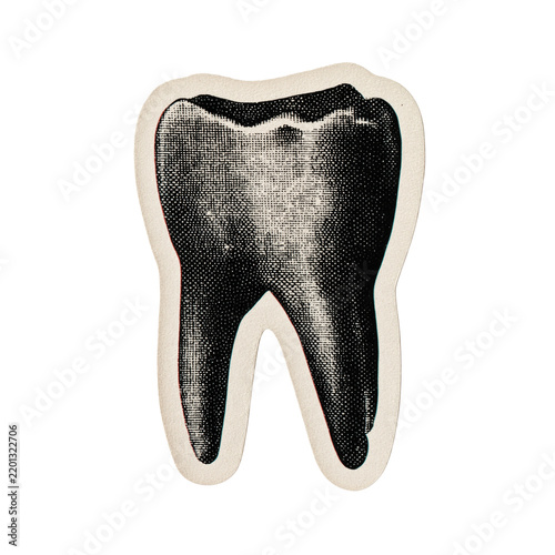 Halftone human tooth with die-cut sticker border isolated on a transparent background