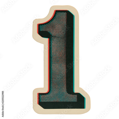 Halftone number one digit with die-cut sticker border isolated on a transparent background