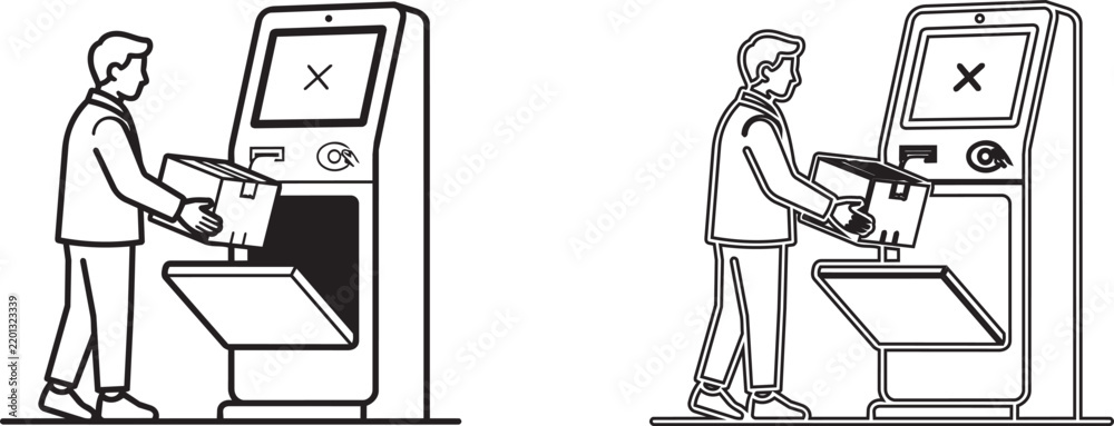 Fototapeta premium A person placing a cardboard box into a self-service parcel locker kiosk, line delivery shipping des