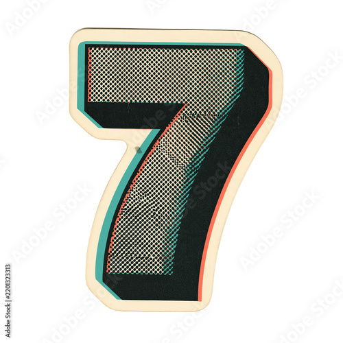 Halftone number seven digit with die-cut sticker border isolated on a transparent background