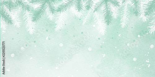 A green watercolor background with white fir branches for creating web banners for the winter holidays.