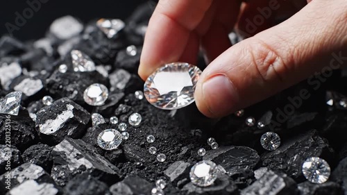 Hand picking up a large brilliant diamond from a pile of dark coal stones
