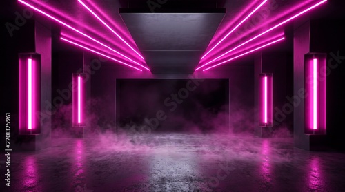 Futuristic dark neon room with vibrant purple glowing lights and smoke creating cinematic atmosphere.