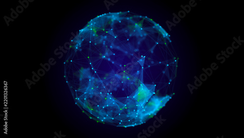 Technology blue sphere with connecting dots and lines. Digital abstract network structure. 3D rendering.