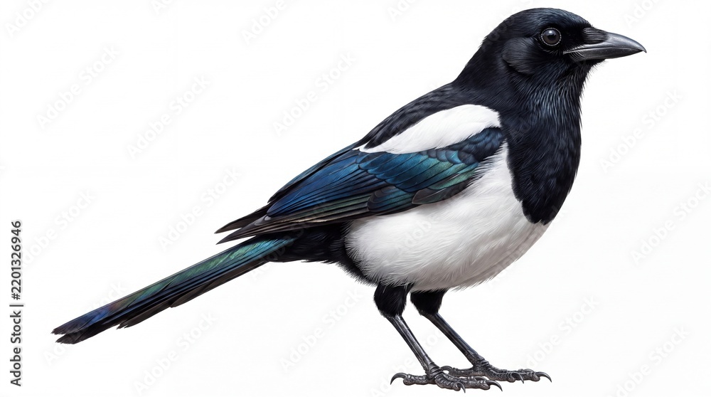 Obraz premium A black and white Eurasian magpie bird with iridescent blue wing feathers standing against a white studio backdrop.