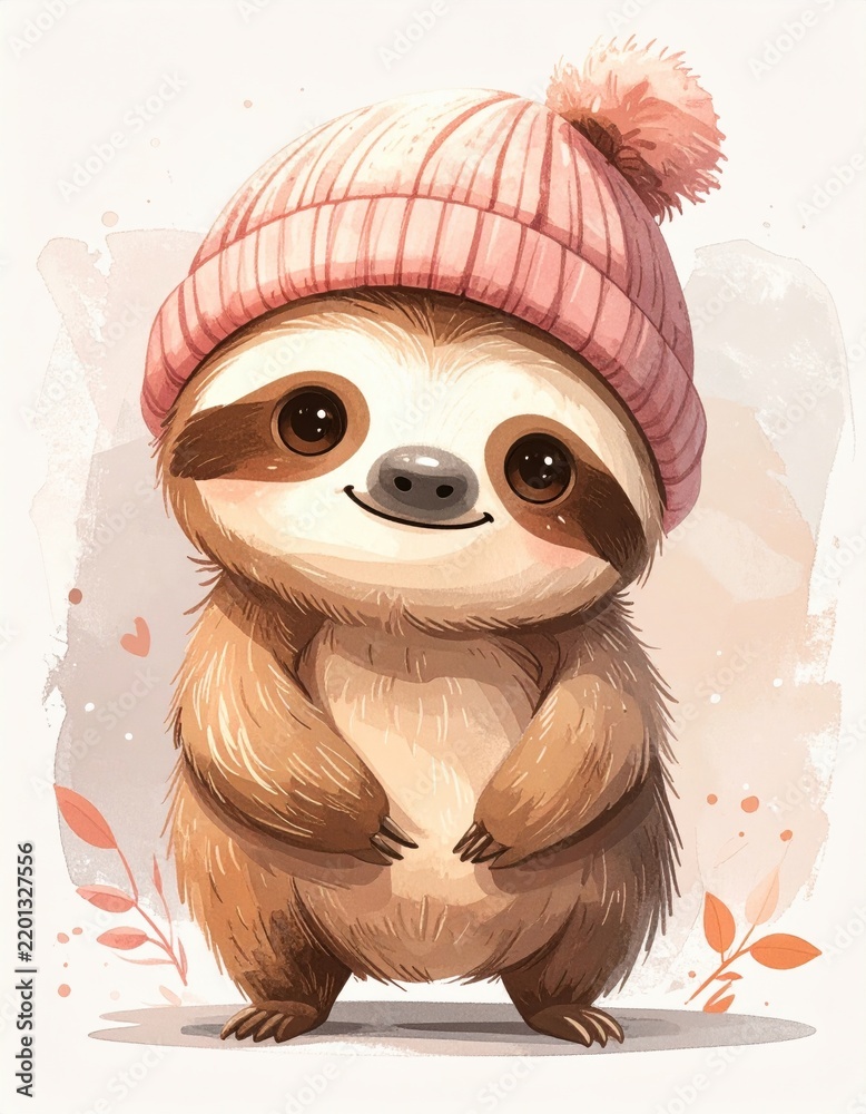 Obraz premium A cute cartoon sloth wearing a pink beanie with a pom-pom, standing with a sweet smile and surrounded by soft pastel leaves.