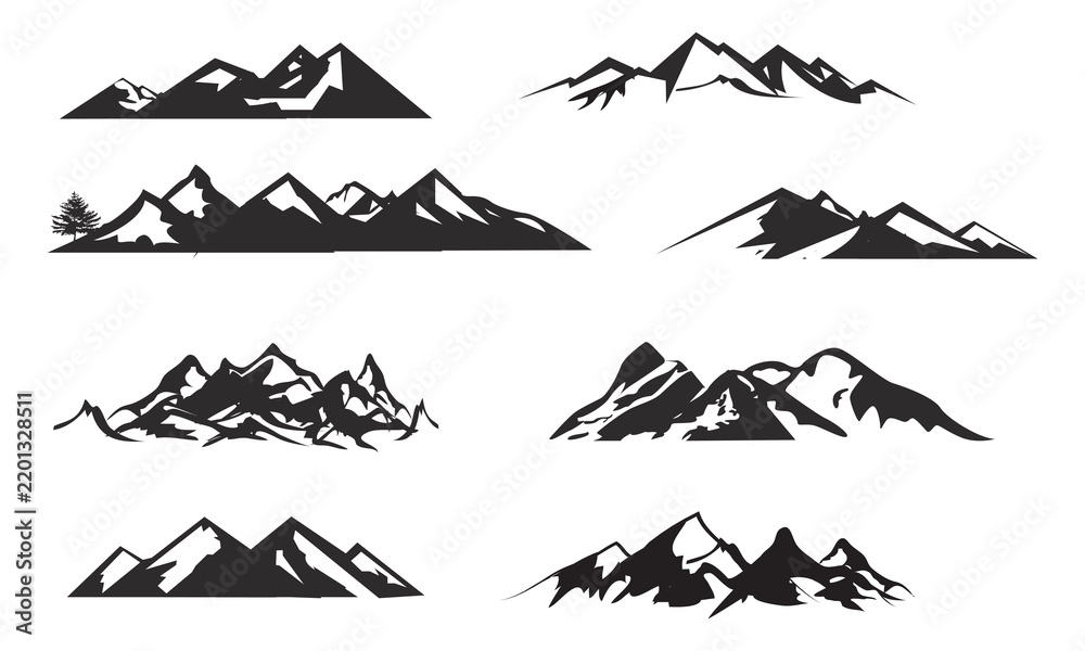 Fototapeta premium Black mountain range silhouettes with pine trees on a white background minimalist vector illustration