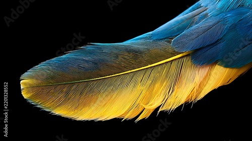 Vibrant blue and yellow macaw parrot feather on a black background.