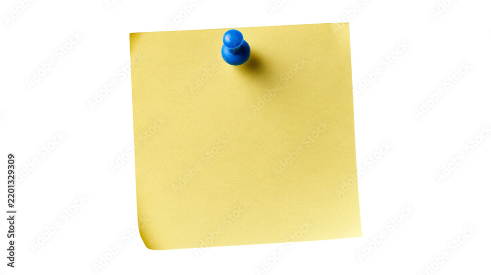Obraz premium Yellow square sticky note attached with a blue plastic push pin