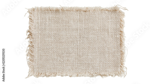 Square beige linen fabric coaster with frayed edges and coarse woven texture