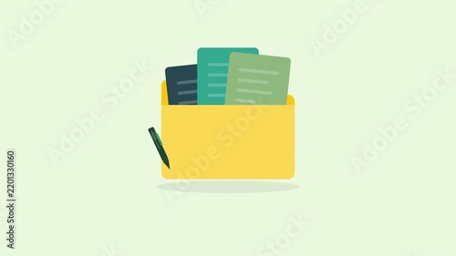 Business Folder Animation with Floating Documents and Moving Pen